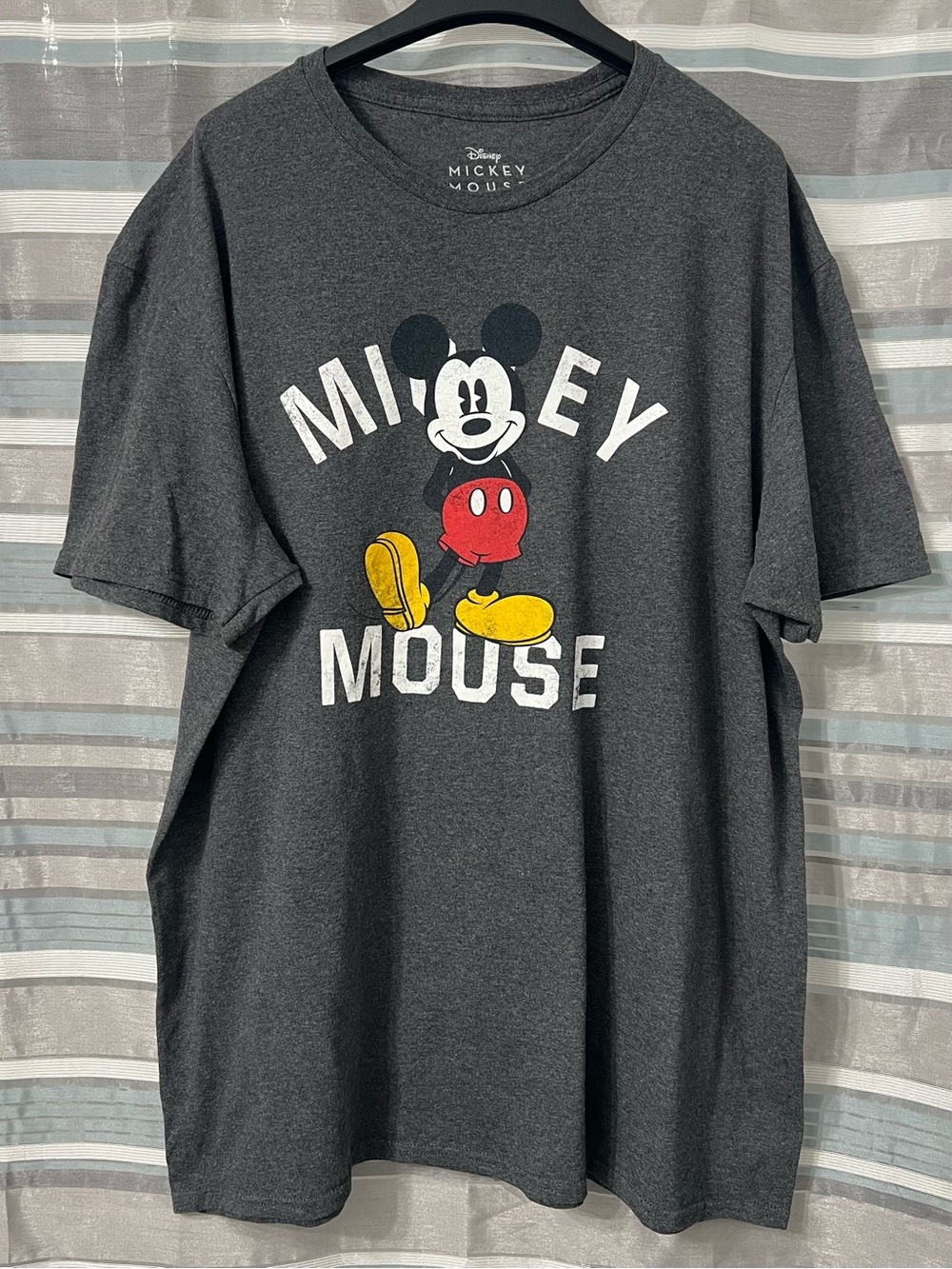 Disney Mickey Mouse Charcoal Distressed Graphic Tee - Gray with Red & Yellow